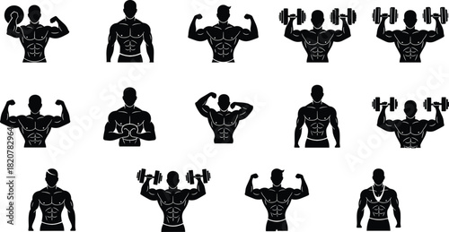 Black silhouette icons of muscular men exercising and posing with weights male bodybuilder