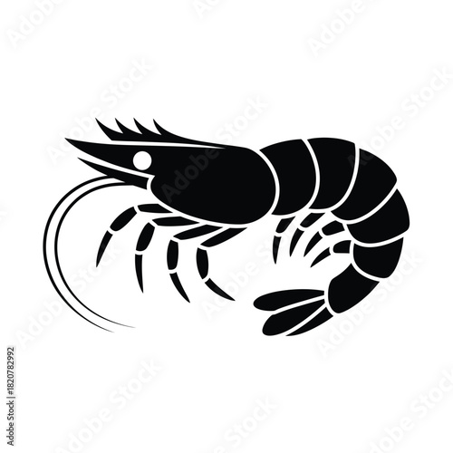 Black silhouette of a shrimp on a white background