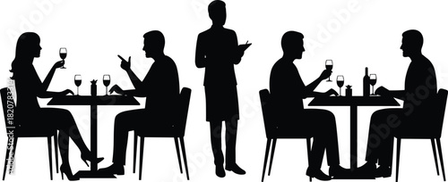 Black silhouettes of people dining at tables and a waiter in a restaurant vector