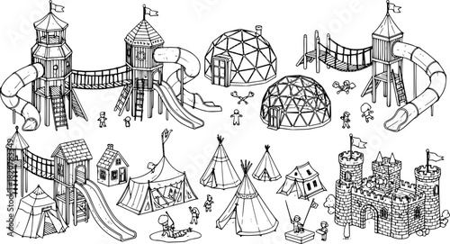 A collage of black silhouette icons depicting various playground equipment and children playing