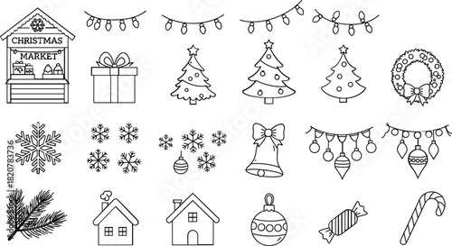 Christmas market stall gift boxes snowflakes trees lights wreath bell bauble candy cane pine branch icons