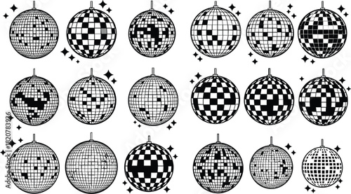 Collection of black and white disco balls with sparkling starbursts mirror ball party