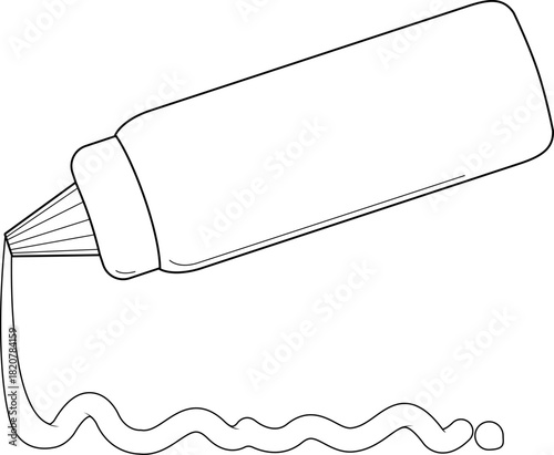 Ketchup spilling from a bottle. Bottle and spilled sauce of tomato ketchup or mustard for barbecue cooking. Vector black and white coloring page.