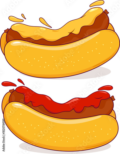 Hot dogs, tasty street fast food for a snack with mustard and ketchup sauces. Sausage sub sandwiches for takeaway meal. Fast food restaurant hot dogs, roasted sausage in bread buns. 