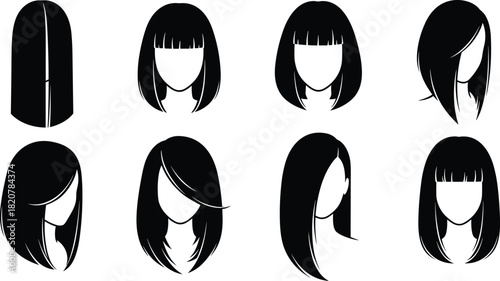 Collection of black silhouette hairstyles on white background vector