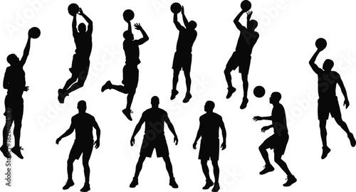 Collection of black silhouettes of male basketball players in various action poses