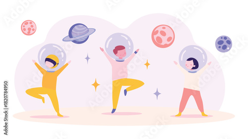 Children practicing yoga on the moon with floating planets