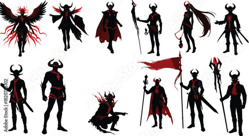Collection of stylized demonic figures in black and red silhouettes with horns and weapons