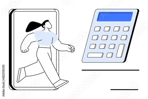 Woman stepping out from a device toward a calculator symbolizing financial decisions, digital access, and efficiency. Ideal for finance, technology, accounting, innovation, mobility, empowerment