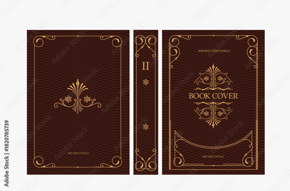 Fototapeta premium Classic vintage book cover and spine with gold and black art deco, art nouveau ornament, decorative frame, elegant retro style for classic publications, posters, artistic layouts