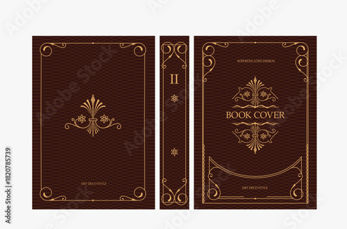 Classic vintage book cover and spine with gold and black art deco, art nouveau ornament, decorative frame, elegant retro style for classic publications, posters, artistic layouts