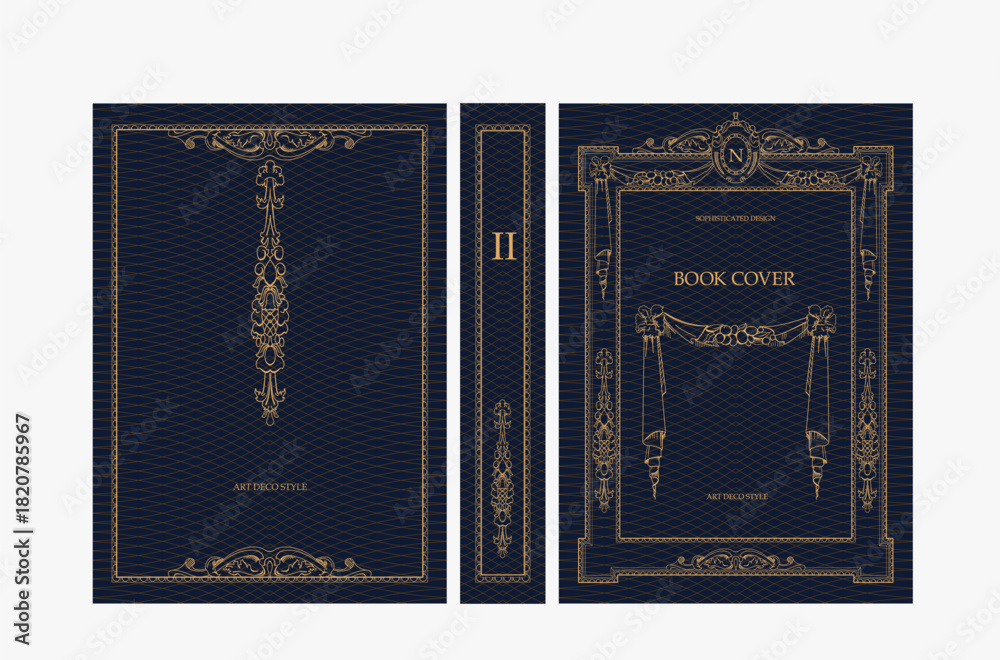 Fototapeta premium Classic vintage book cover and spine with gold and black art deco, art nouveau ornament, decorative frame, elegant retro style for classic publications, posters, artistic layouts