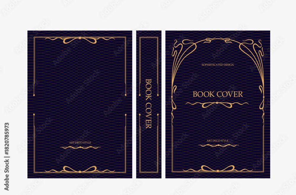 Fototapeta premium Classic vintage book cover and spine with gold and black art deco, art nouveau ornament, decorative frame, elegant retro style for classic publications, posters, artistic layouts