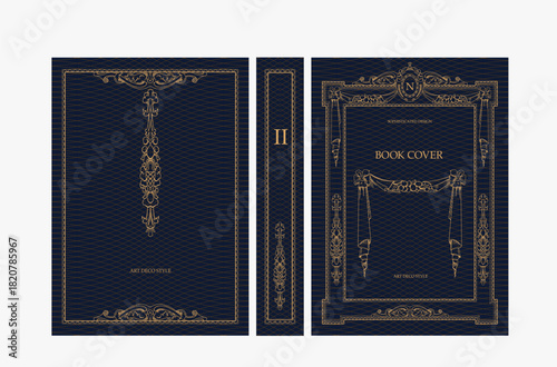 Classic vintage book cover and spine with gold and black art deco, art nouveau ornament, decorative frame, elegant retro style for classic publications, posters, artistic layouts