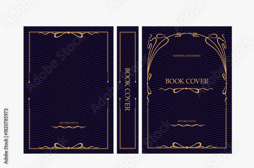 Classic vintage book cover and spine with gold and black art deco, art nouveau ornament, decorative frame, elegant retro style for classic publications, posters, artistic layouts