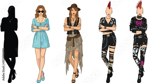 Five women with diverse fashion styles standing side by side woman group