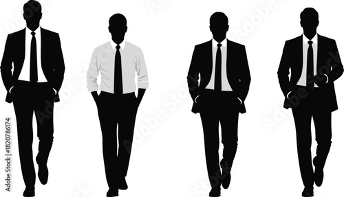 Four male silhouettes in business attire walking forward businessman suit
