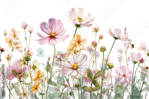Delicate pastel watercolor floral arrangement isolated on transparent background. Beautiful delicate fantasy flowers in soft pastel colors blooming isolated on white background.