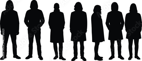 Seven Black Silhouettes of People Wearing Coats and Pants Standing in a Row group