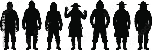 Seven Black Silhouettes of People in Various Outfits and Hats figures group