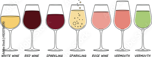 Seven wine glasses filled with white red sparkling rose vermouth drinks white wine