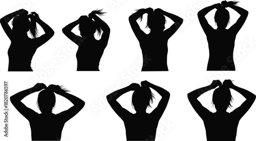 Six black silhouettes of a woman tying her hair into a ponytail female