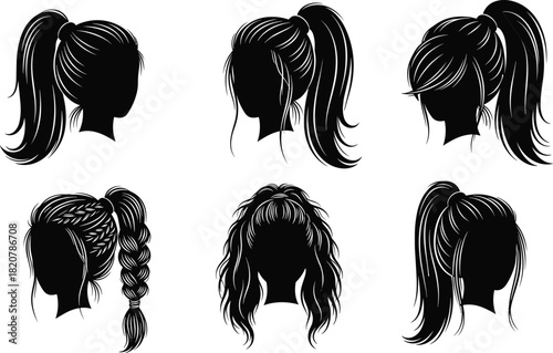 Six Black Silhouettes of Women's Hairstyles Including Ponytails and Braids woman