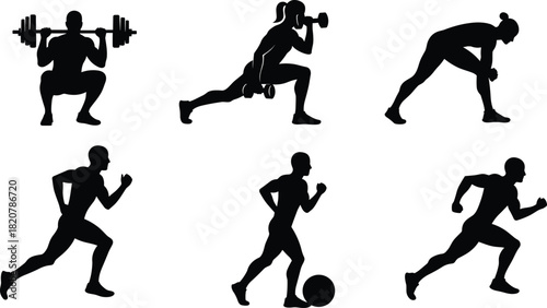 Six black silhouettes of people performing various fitness exercises and sports activities
