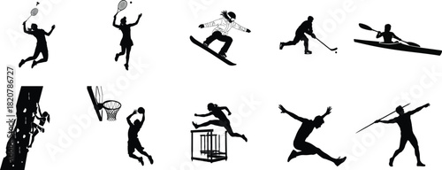 Diverse sports silhouettes a collection of athletic poses in black and white