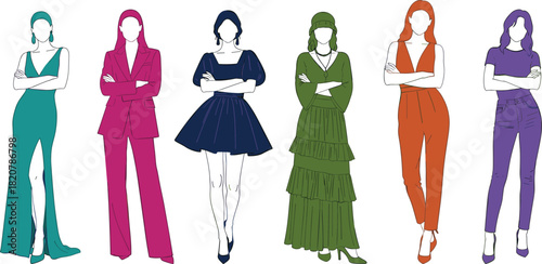 Six faceless women in colorful outfits with arms crossed fashion clothing
