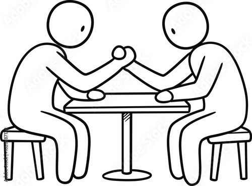 Two simple stick figures arm wrestling across a table on stools competition strength