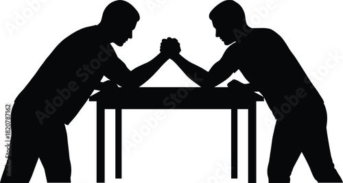 Two men in black silhouette arm wrestling across a dark table competition strength