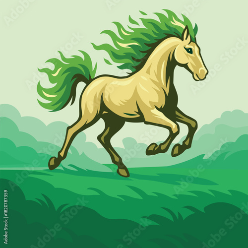 A stylized 2D vector illustration of a galloping golden horse with a flowing green mane and tail. The character is shown running across fresh spring fields, symbolizing the dynamic energy of March and