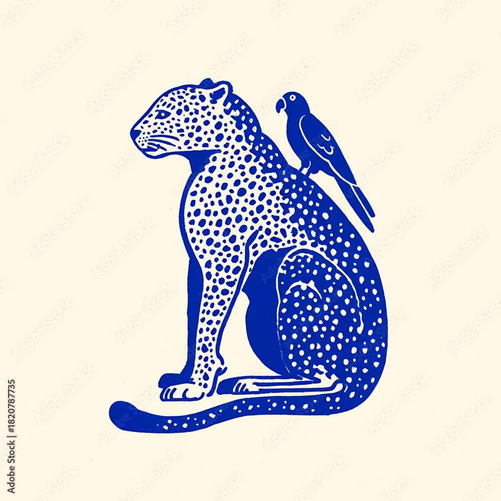 Fototapeta premium leopard and bird illustration in blue ink