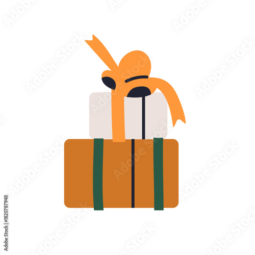 Stacked gift boxes. Small presents wrapped in festive paper with ribbon bow, ...