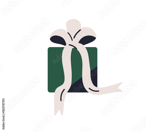 Gift box, abstract holiday present with ribbon bow decoration. Square giftbox, surprise wrapped, packed in festive paper wrapping, package. Flat vector illustration isolated on white background