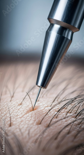 Close up of hair transplant instrument inserting a hair follicle into human skin. Medical procedure for hair restoration and baldness treatment.