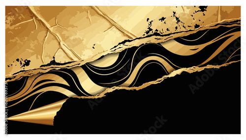 Elegant Gold and Black Ripped Paper Background: Metallic Foil with Abstract Wavy Pattern