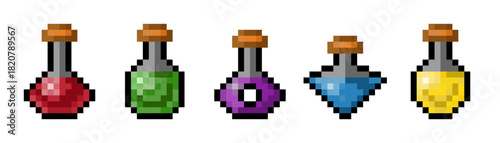 Pixel art illustration 8bit five small potion bottles icons set and the liquids are colored magic alchemy elixir red, green, blue, yellow, and purple. for retro-style game assets, stickers and icons