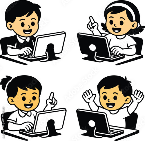 Vector happy diverse children learning and studying with laptops in a classroom setting, isolated on white background