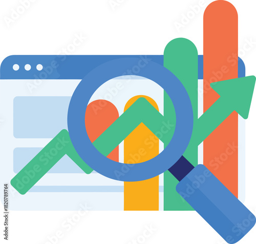Vector magnifying glass analyzing business growth charts and financial data on a web browser, symbolizing market progress