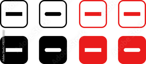 Minus remove icon set. Stop sign. Horizontal line, dash inside circle outline and solid for delete actions, reduce functions, deletion, quantity adjustment, interface controls. Vector PNG JPG