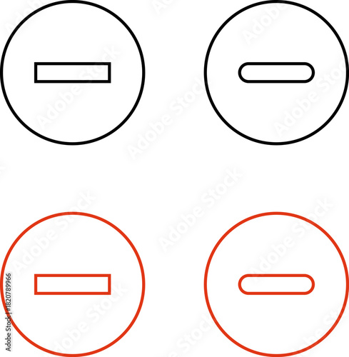 Minus remove icon set. Stop sign. Horizontal line, dash inside circle outline and solid for delete actions, reduce functions, deletion, quantity adjustment, interface controls. Vector PNG JPG