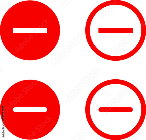 Minus remove icon set. Stop sign. Horizontal line, dash inside circle outline and solid for delete actions, reduce functions, deletion, quantity adjustment, interface controls. Vector PNG JPG