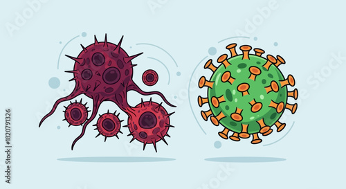 Illustration comparing a malignant cancer cell and a coronavirus particle, showing different types of microscopic pathogens