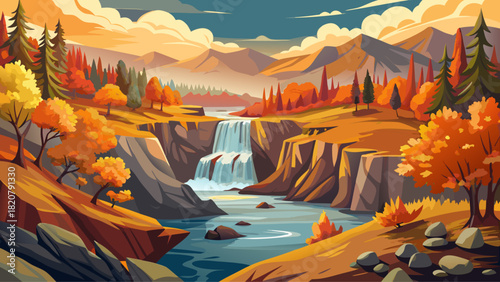 Very beautiful autumn view along Lava Island Falls Trail in Deschutes National Forest, Oregon, featuring golden foliage, flowing sections of the Deschutes River, and rugged volcanic terrain under cris