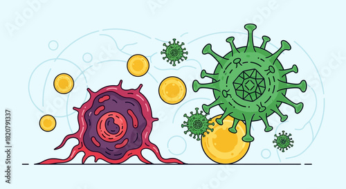 Vibrant microscopic illustration showcasing the body's immune system actively engaging and fighting off a viral invasion with specialized cells and protective particles