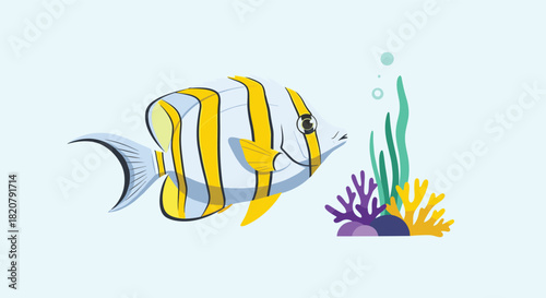 A cheerful butterflyfish with distinctive yellow and white stripes swims gracefully near colorful coral and seaweed in a serene underwater scene.
