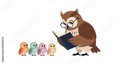 A wise, bespectacled adult owl reads an engaging story to a line of four adorable owlets, illustrating learning and education.