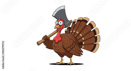A confident, wide-eyed cartoon turkey with a red wattle and bright blue eyeballs holds a large axe over its shoulder, standing proudly.